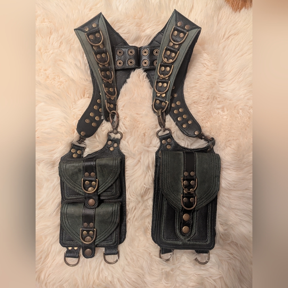 KrakenWhip Black & Geeen Leather Utility Harness